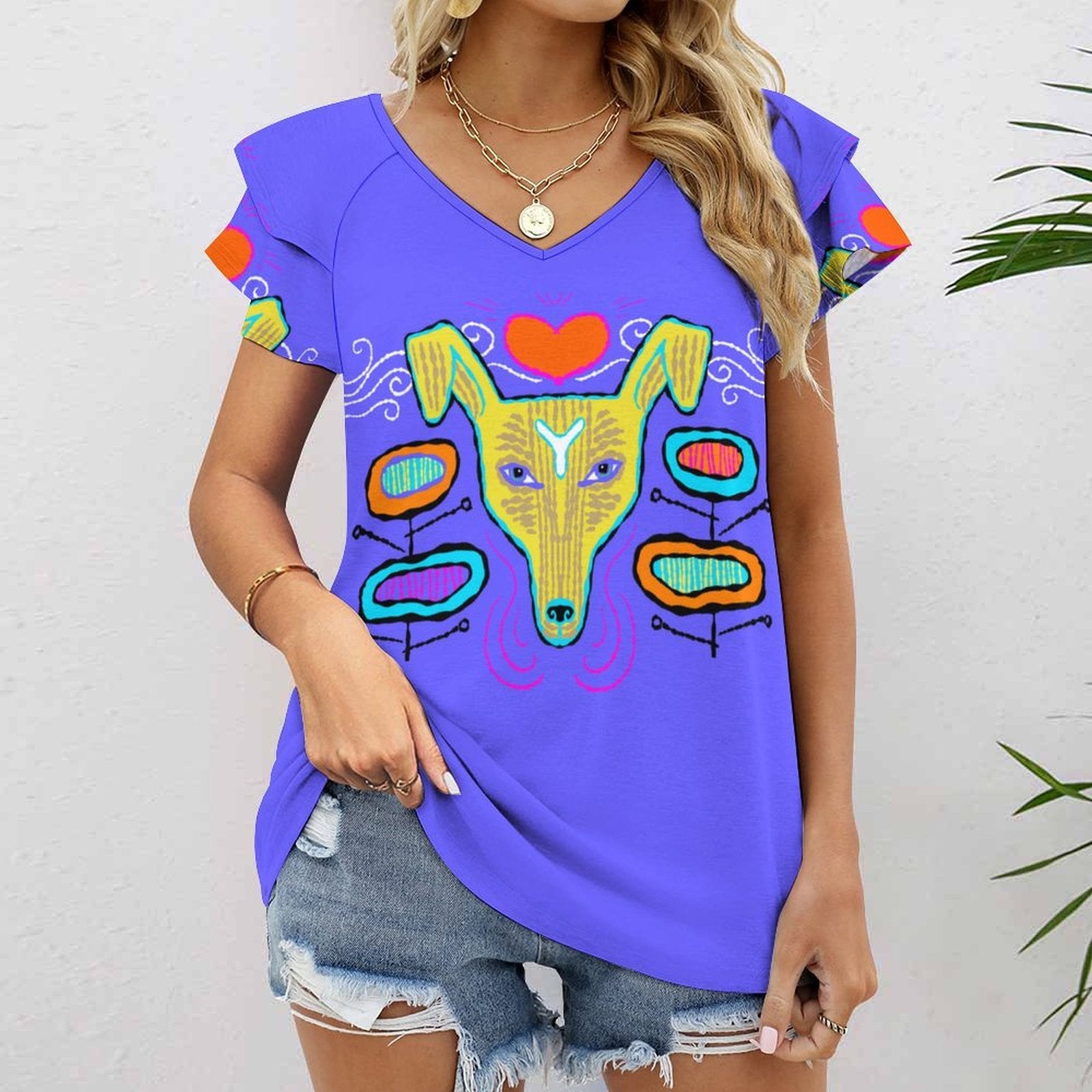 Yallow Dog T-Shirt Women's Ruffle Sleeve V-Neck T-Shirt