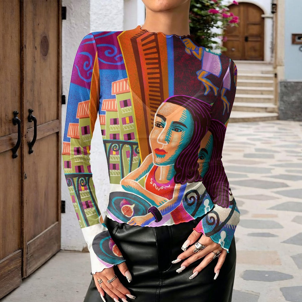 Lady and Moon High Neck Long Sleeved Mesh Top