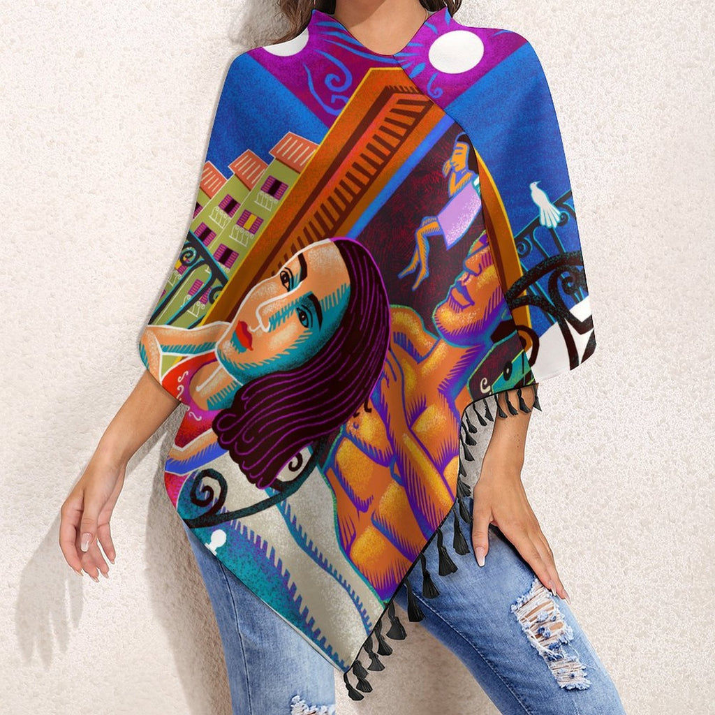 Women's Tassel Cape – Lady and Moon Celestial Print