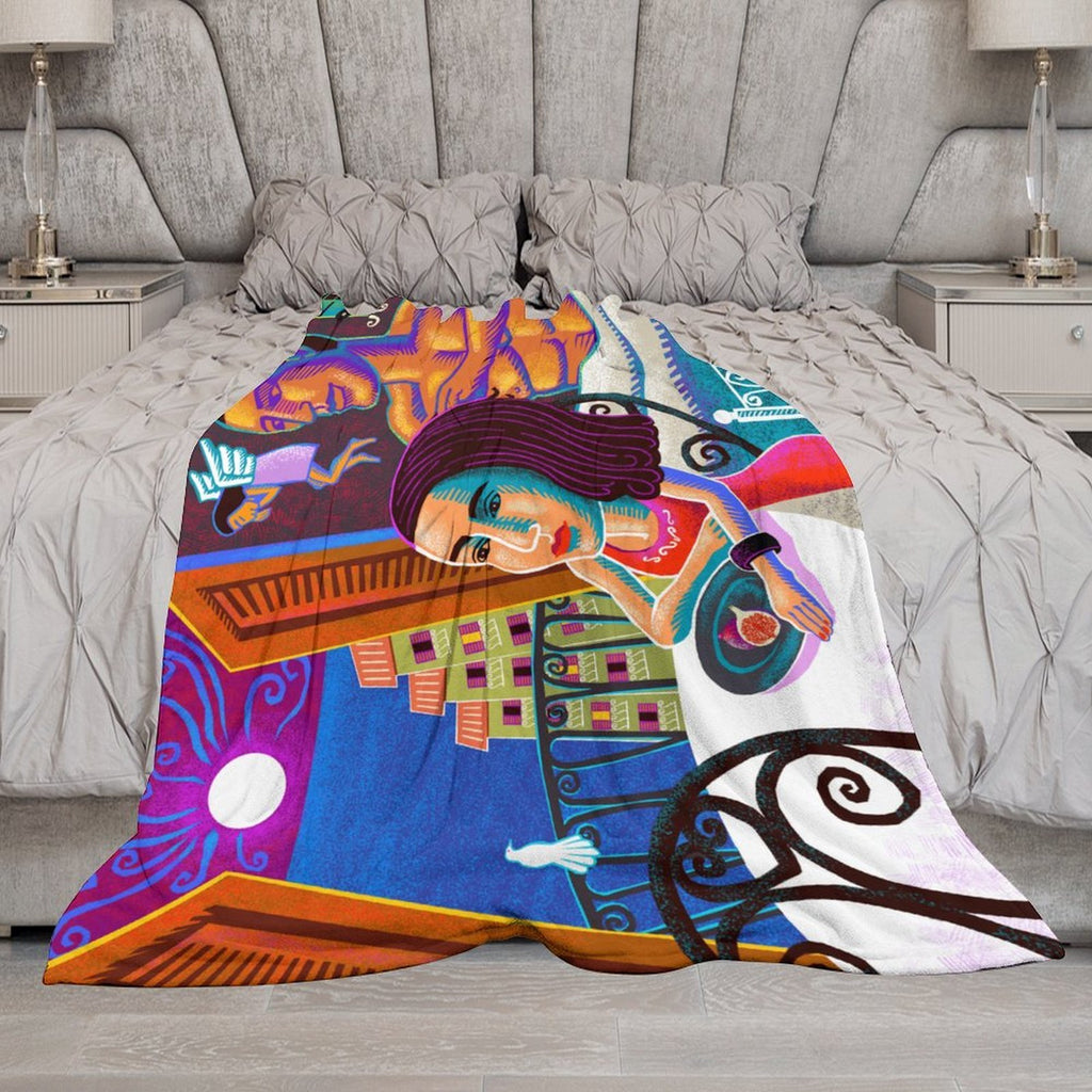 Lady and Moon Flannel Blanket 70"x80" (Double-Sided Print)