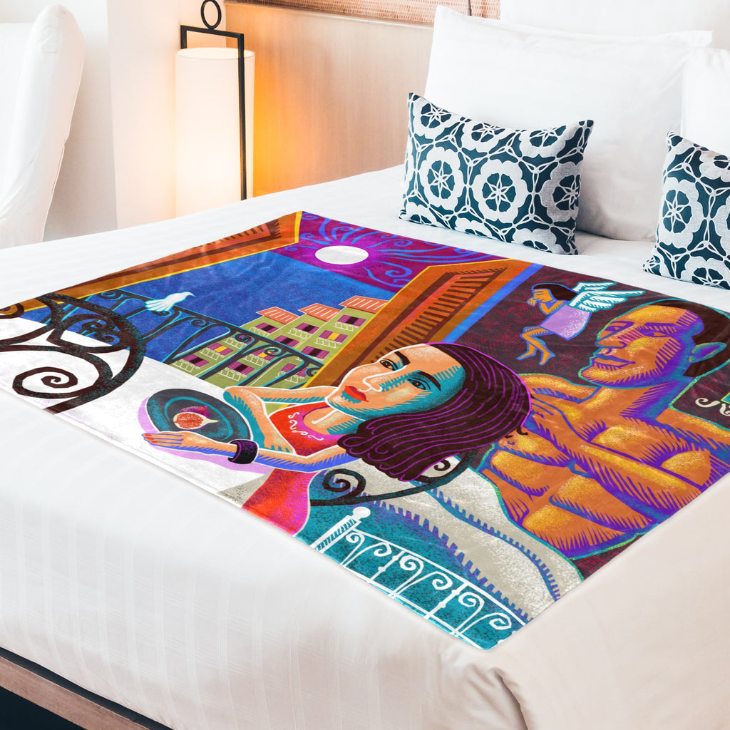 Celestial Throw Blanket – Lady and Moon Boho Fleece, 60x50 Inch, Ultra-Soft, Machine Washable