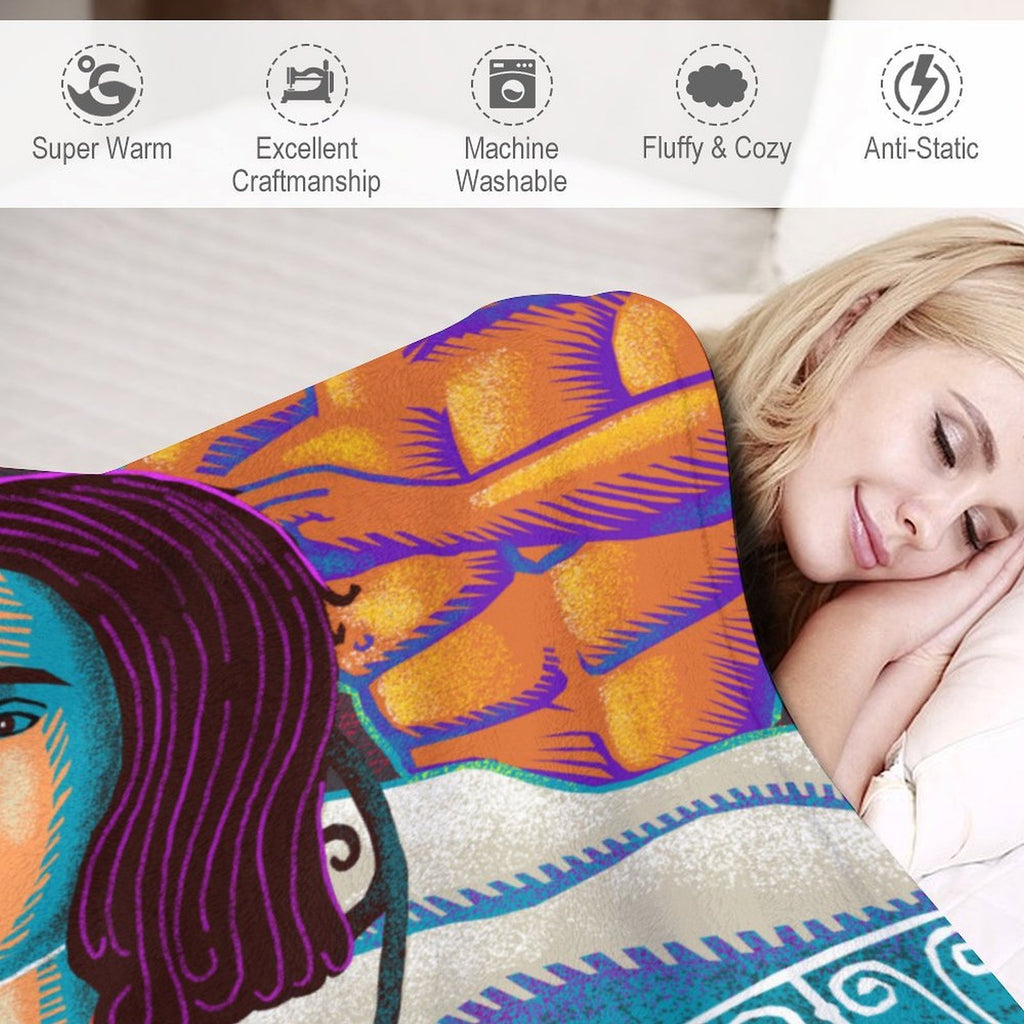 Lady and Moon Flannel Blanket 70"x80" (Double-Sided Print)