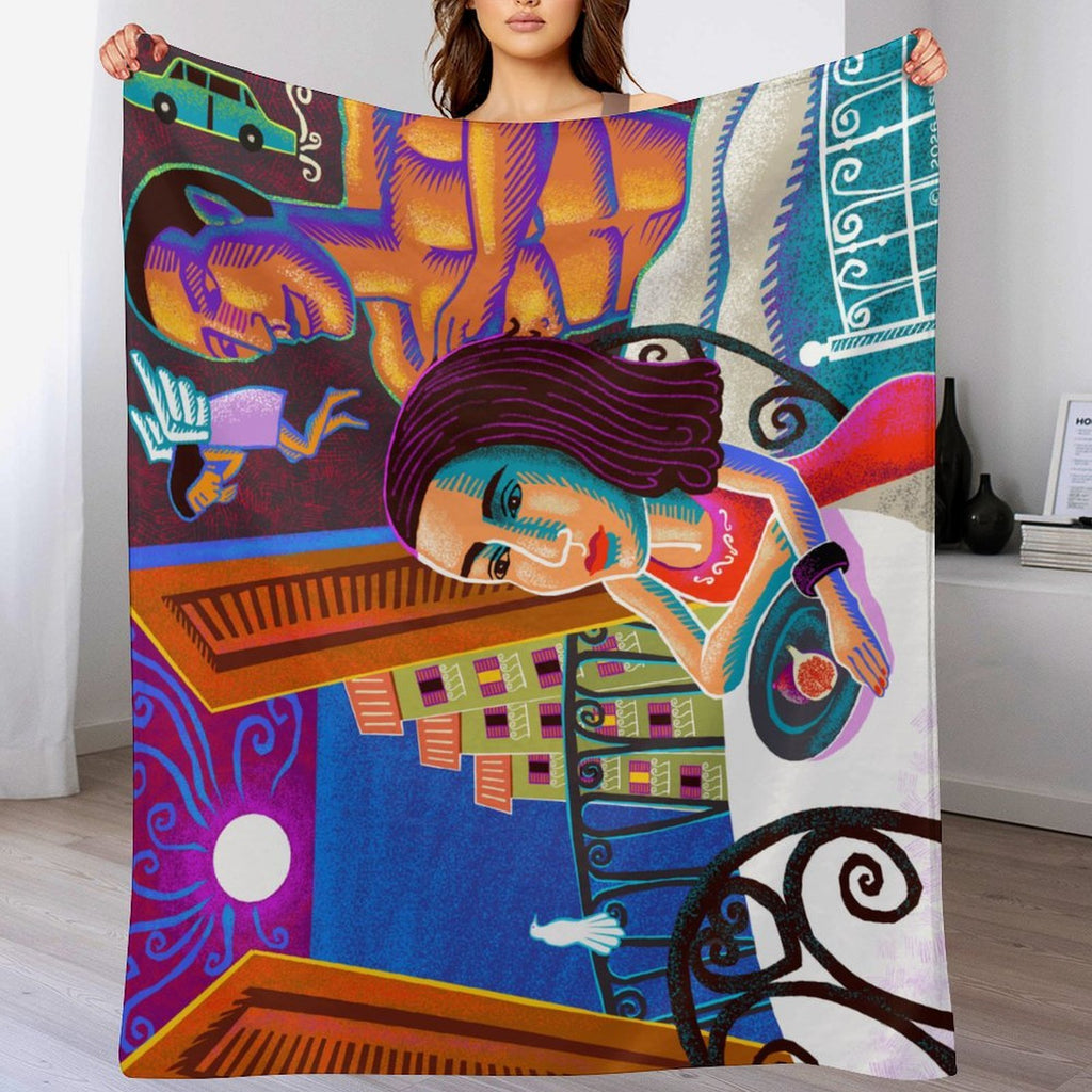 Lady and Moon Flannel Blanket 70"x80" (Double-Sided Print)