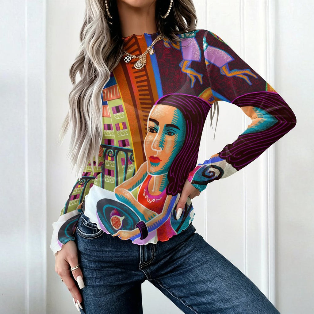 Lady and Moon High Neck Long Sleeved Mesh Top