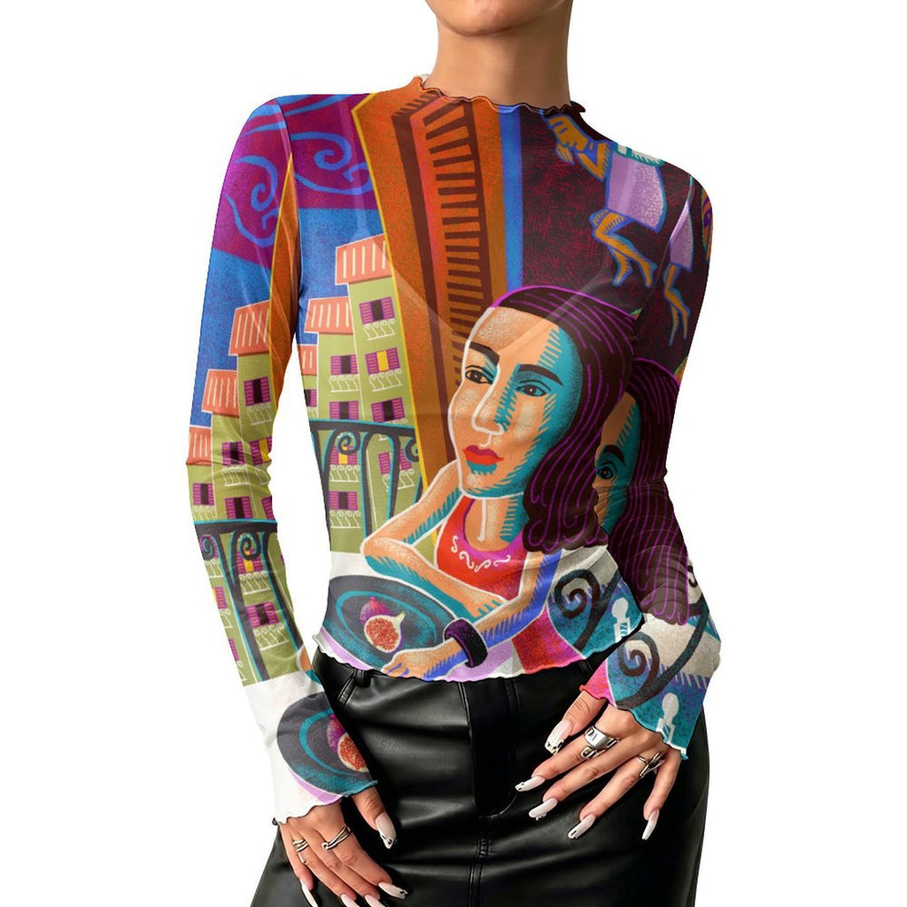 Lady and Moon High Neck Long Sleeved Mesh Top