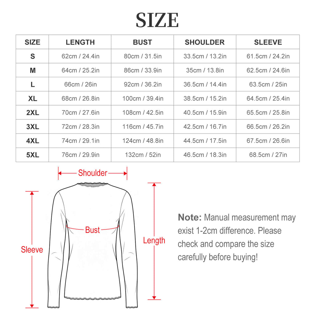 Mesh Top Size Chart – S to 5XL with sleeve, length, bust and shoulder measurements